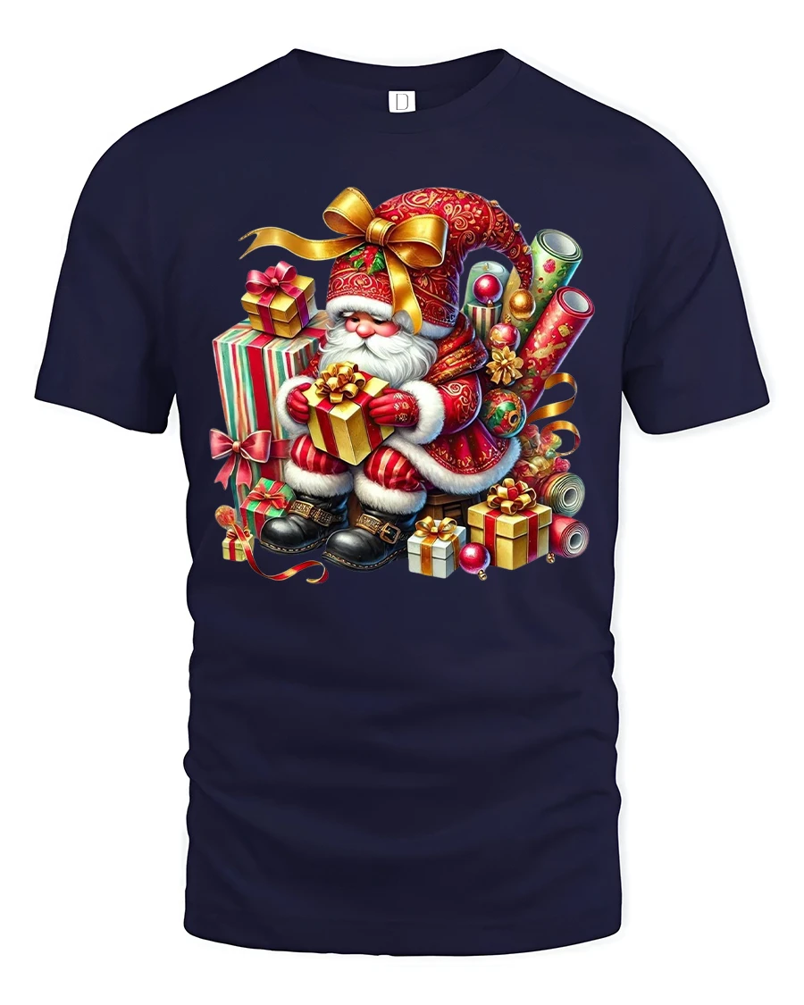 Cute Santa Claus Gift Stack Art Tshirt Festive Holiday Joy - 1 Cute Santa Claus Gift Stack Art Tshirt Festive Holiday Joy - navy t-shirt on white background