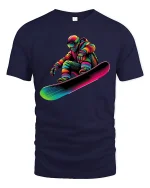Colorful Astronaut Snowboard Art Tshirt Cosmic Winter Action - navy t-shirt on white background