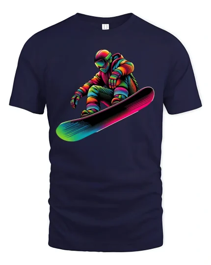 Colorful Astronaut Snowboard Art Tshirt Cosmic Winter Action - navy t-shirt on white background