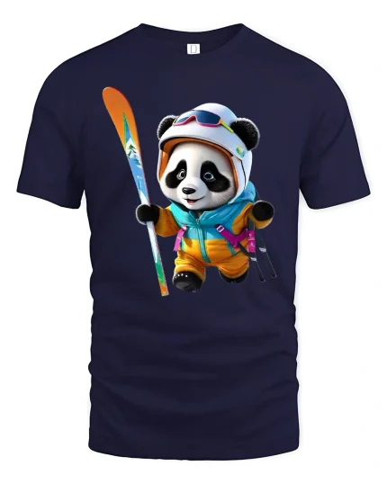 Cute Panda Skier Winter Sports Art Tshirt Playful Snow Fun - navy t-shirt on white background