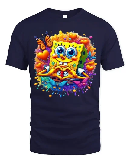 Cute Sponge Heart Love Cartoon Art Tshirt Colorful Happy Vibes - navy t-shirt on white background