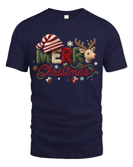 Merry Christmas Knit Reindeer Art Tshirt Cozy Holiday Charm - navy t-shirt on white background
