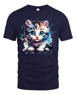 Cute Big Eyes Kitten Watercolor Art Tshirt Adorable Vibes - navy t-shirt on white background