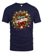 Merry Christmas Holiday Wreath Art Tshirt Festive Classic Style - navy t-shirt on white background