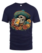 Day of the Dead Skull Beer Art Tshirt Bold Funny Fiesta Style - navy t-shirt on white background