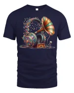 Vintage Gramophone Headphone Music Art Tshirt Colorful Sound Style - navy t-shirt on white background