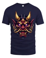 Fierce Oni Demon Mask Art Tshirt Dark Mythic Power Style - navy t-shirt on white background
