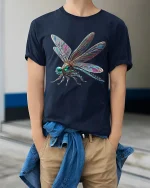 Jeweled Dragonfly Art Tshirt Elegant Nature Fantasy Style - model wearing navy tee with hands in pockets