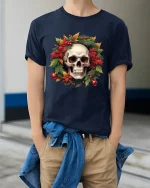 Christmas Skull Wreath Art Tshirt Festive Gothic Holiday Style - model wearing navy tee with hands in pockets