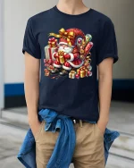 Cute Santa Claus Gift Stack Art Tshirt Festive Holiday Joy - model wearing navy tee with hands in pockets