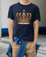 Majestic Royal Crown Jewel Art Tshirt Elegant Power Style - model wearing navy tee with hands in pockets