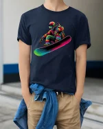 Colorful Astronaut Snowboard Art Tshirt Cosmic Winter Action - model wearing navy tee with hands in pockets