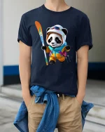 Cute Panda Skier Winter Sports Art Tshirt Playful Snow Fun - model wearing navy tee with hands in pockets