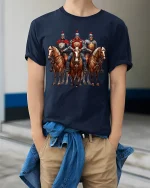 Medieval Knight Horse Warrior Art Tshirt Legendary Battle Style - model wearing navy tee with hands in pockets