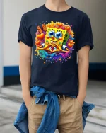 Cute Sponge Heart Love Cartoon Art Tshirt Colorful Happy Vibes - model wearing navy tee with hands in pockets