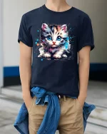 Cute Big Eyes Kitten Watercolor Art Tshirt Adorable Vibes - model wearing navy tee with hands in pockets
