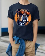 Cool Dog With Sunglasses Graphic Tshirt Stylish Street Vibes - model wearing navy tee with hands in pockets