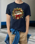 Merry Christmas Holiday Wreath Art Tshirt Festive Classic Style - model wearing navy tee with hands in pockets