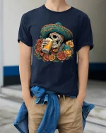 Day of the Dead Skull Beer Art Tshirt Bold Funny Fiesta Style - model wearing navy tee with hands in pockets