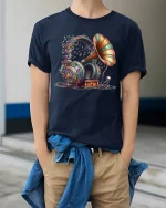 Vintage Gramophone Headphone Music Art Tshirt Colorful Sound Style - model wearing navy tee with hands in pockets
