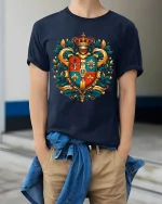 Royal Heraldic Crest Knight Shield Art Tshirt Noble Power Style - model wearing navy tee with hands in pockets