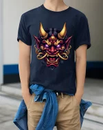 Fierce Oni Demon Mask Art Tshirt Dark Mythic Power Style - model wearing navy tee with hands in pockets