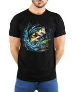 Explosive Bass Splash Fishing Art Tshirt Nature Energy Style - model wearing black tee with hands behind back