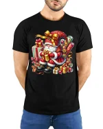 Cute Santa Claus Gift Stack Art Tshirt Festive Holiday Joy - model wearing black tee with hands behind back