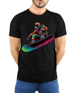 Colorful Astronaut Snowboard Art Tshirt Cosmic Winter Action - model wearing black tee with hands behind back