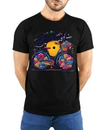 Beautiful Colorful Bicycle Art Tshirt Joyful Creative Ride - model wearing black tee with hands behind back