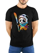 Cute Panda Skier Winter Sports Art Tshirt Playful Snow Fun - model wearing black tee with hands behind back