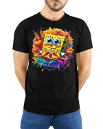 Cute Sponge Heart Love Cartoon Art Tshirt Colorful Happy Vibes - model wearing black tee with hands behind back