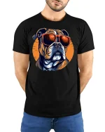 Cool Dog With Sunglasses Graphic Tshirt Stylish Street Vibes - model wearing black tee with hands behind back