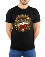 Merry Christmas Holiday Wreath Art Tshirt Festive Classic Style - model wearing black tee with hands behind back