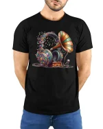 Vintage Gramophone Headphone Music Art Tshirt Colorful Sound Style - model wearing black tee with hands behind back