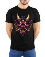 Fierce Oni Demon Mask Art Tshirt Dark Mythic Power Style - model wearing black tee with hands behind back