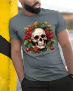 Christmas Skull Wreath Art Tshirt Festive Gothic Holiday Style - model wearing grey tee, leaning on column