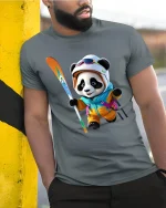 Cute Panda Skier Winter Sports Art Tshirt Playful Snow Fun - model wearing grey tee, leaning on column