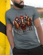 Medieval Knight Horse Warrior Art Tshirt Legendary Battle Style - model wearing grey tee, leaning on column