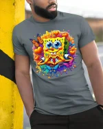 Cute Sponge Heart Love Cartoon Art Tshirt Colorful Happy Vibes - model wearing grey tee, leaning on column