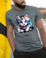 Cute Big Eyes Kitten Watercolor Art Tshirt Adorable Vibes - model wearing grey tee, leaning on column