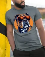 Cool Dog With Sunglasses Graphic Tshirt Stylish Street Vibes - model wearing grey tee, leaning on column