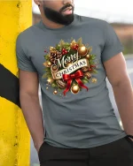 Merry Christmas Holiday Wreath Art Tshirt Festive Classic Style - model wearing grey tee, leaning on column