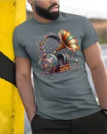 Vintage Gramophone Headphone Music Art Tshirt Colorful Sound Style - model wearing grey tee, leaning on column