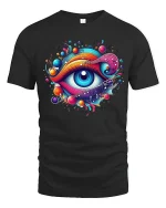 Psychedelic Cosmic Eye Art Tee With Vibrant Music Flow - black t-shirt on white background