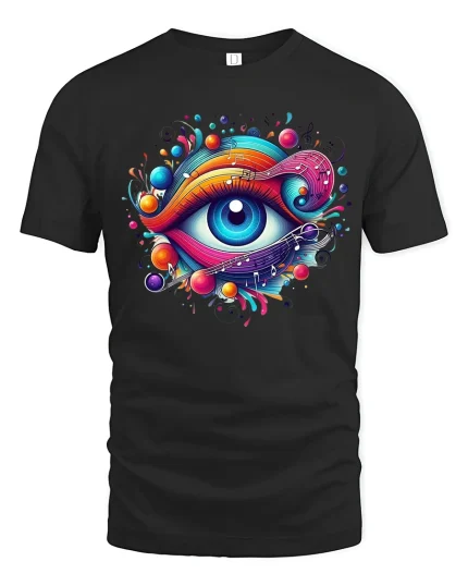 Psychedelic Cosmic Eye Art Tee With Vibrant Music Flow - black t-shirt on white background