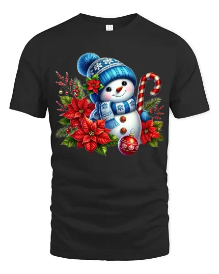 Cute Christmas Snowman Art Tee With Cozy Winter Holiday Charm - black t-shirt on white background