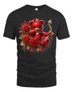 Romantic Rose Teddy Bear Art Tee With Sweet Love Inspired Style - black t-shirt on white background