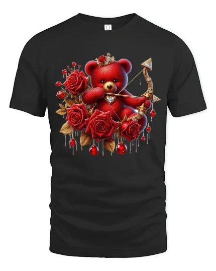Romantic Rose Teddy Bear Art Tee With Sweet Love Inspired Style - black t-shirt on white background