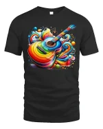 Colorful Acoustic Guitar Art Tee With Vibrant Music Energy Style - black t-shirt on white background
